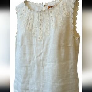 Tory Burch Cream Sleaveless Linen Cotton Embroidered Top Sz 12